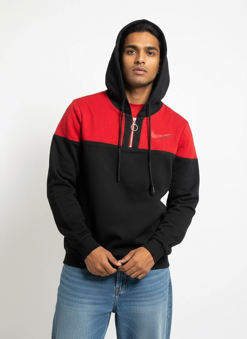 Red‑Black Half‑Zip Hoodie