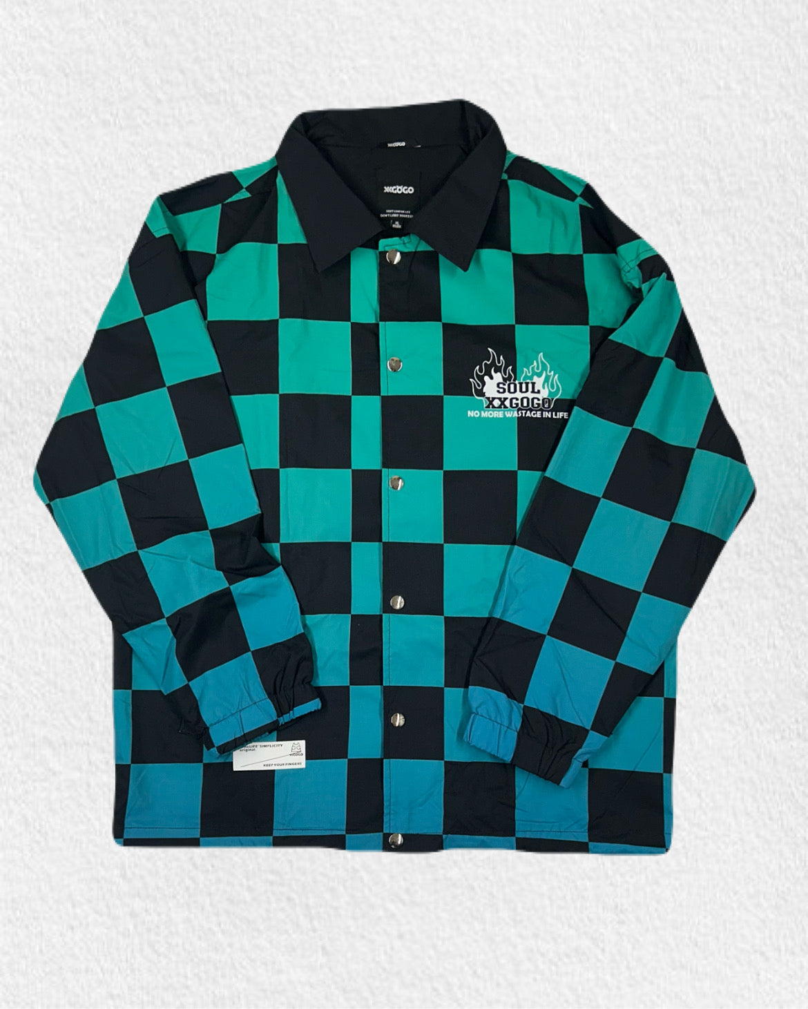 Green Blue & Black Checkerboard Snap-Button Jacket