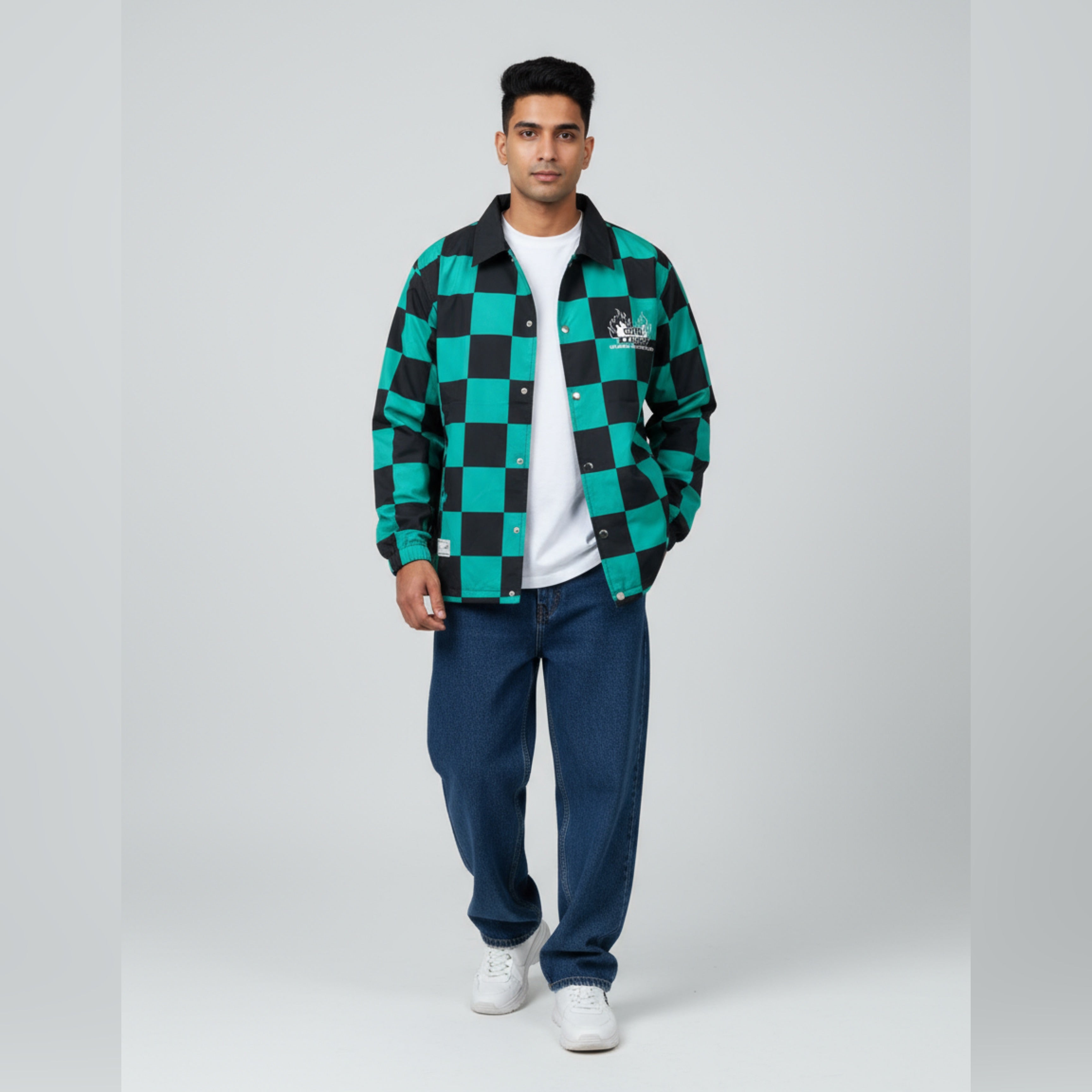 Green Blue & Black Checkerboard Snap-Button Jacket