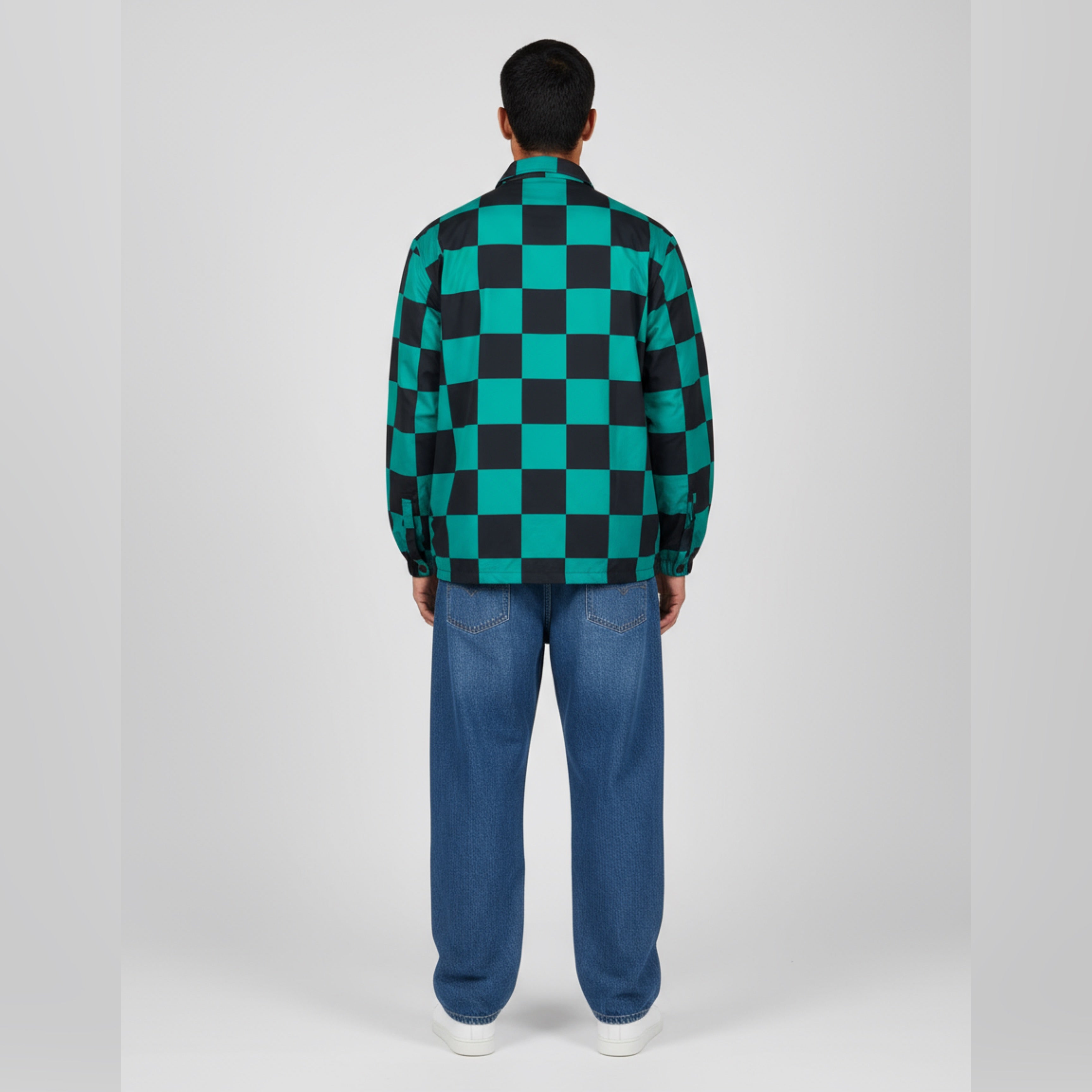 Green Blue & Black Checkerboard Snap-Button Jacket