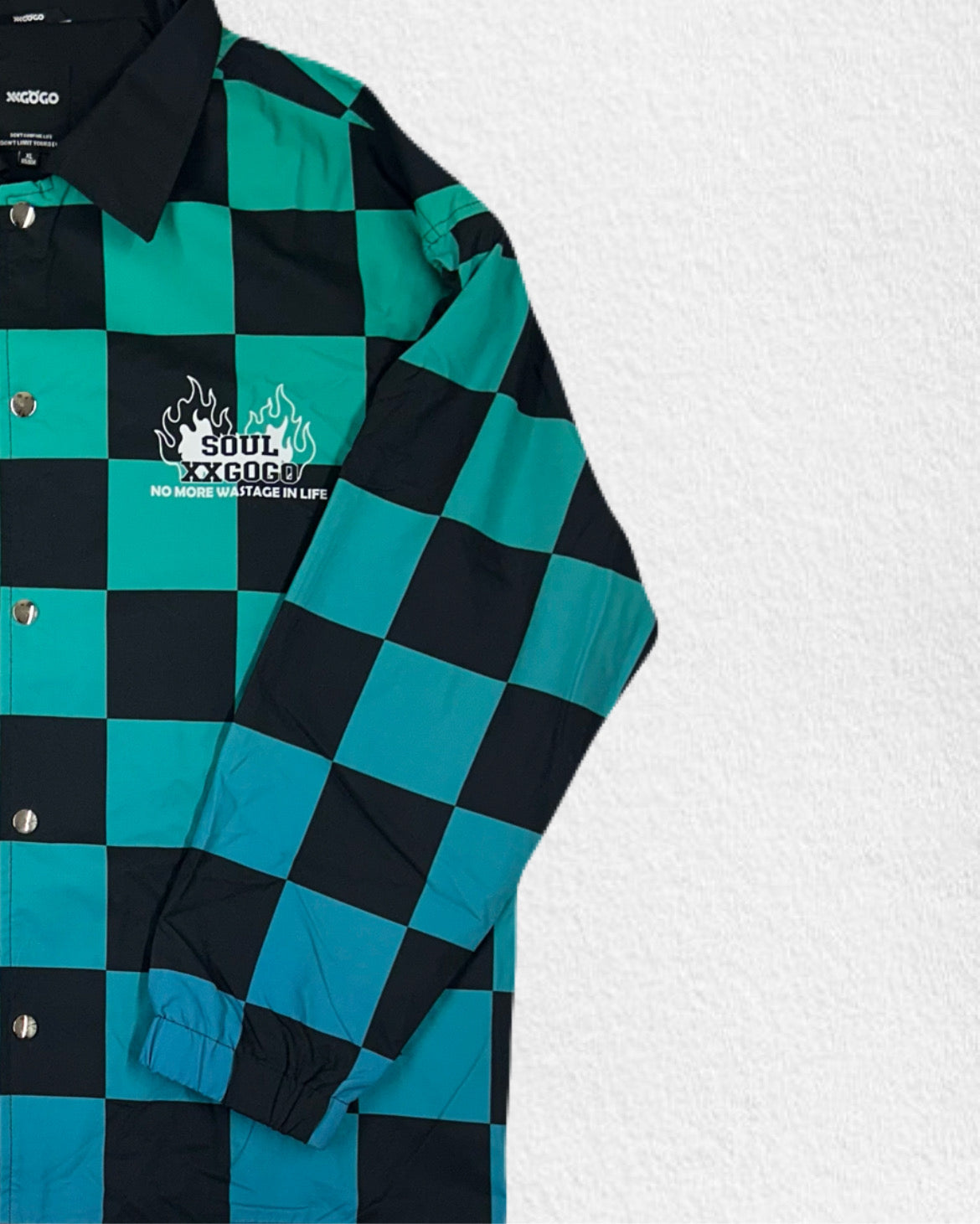 Green Blue & Black Checkerboard Snap-Button Jacket