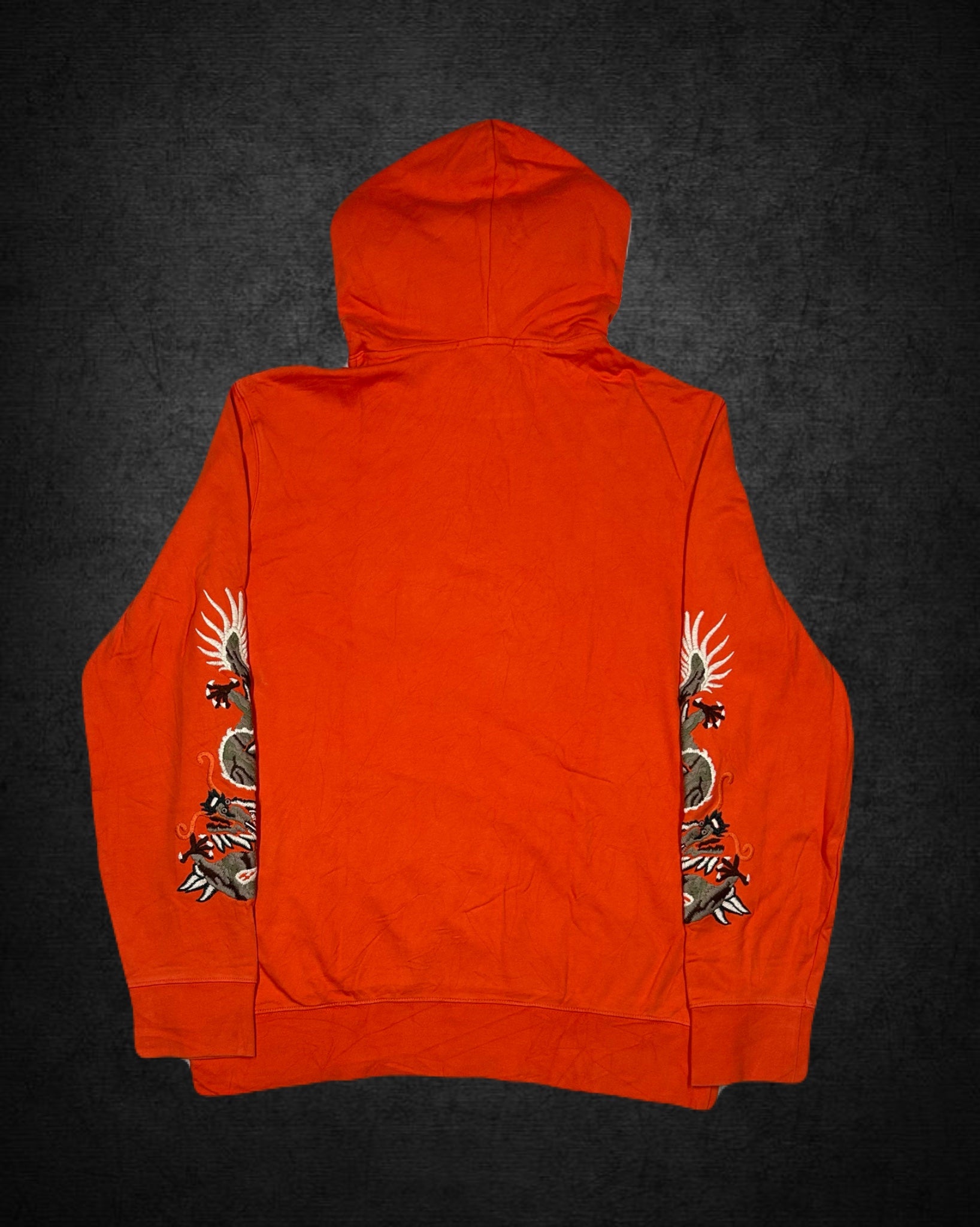 “Peacebird” Embroidered Dragon Hoodie – Vibrant Orange