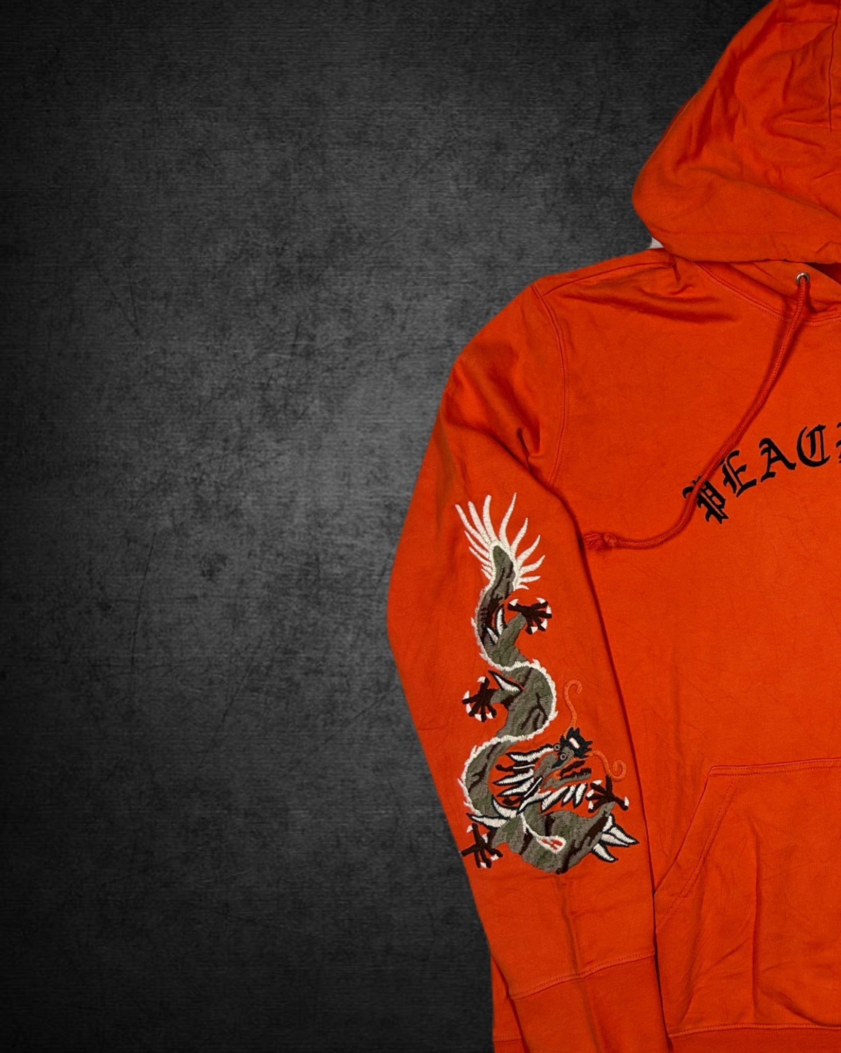 “Peacebird” Embroidered Dragon Hoodie – Vibrant Orange