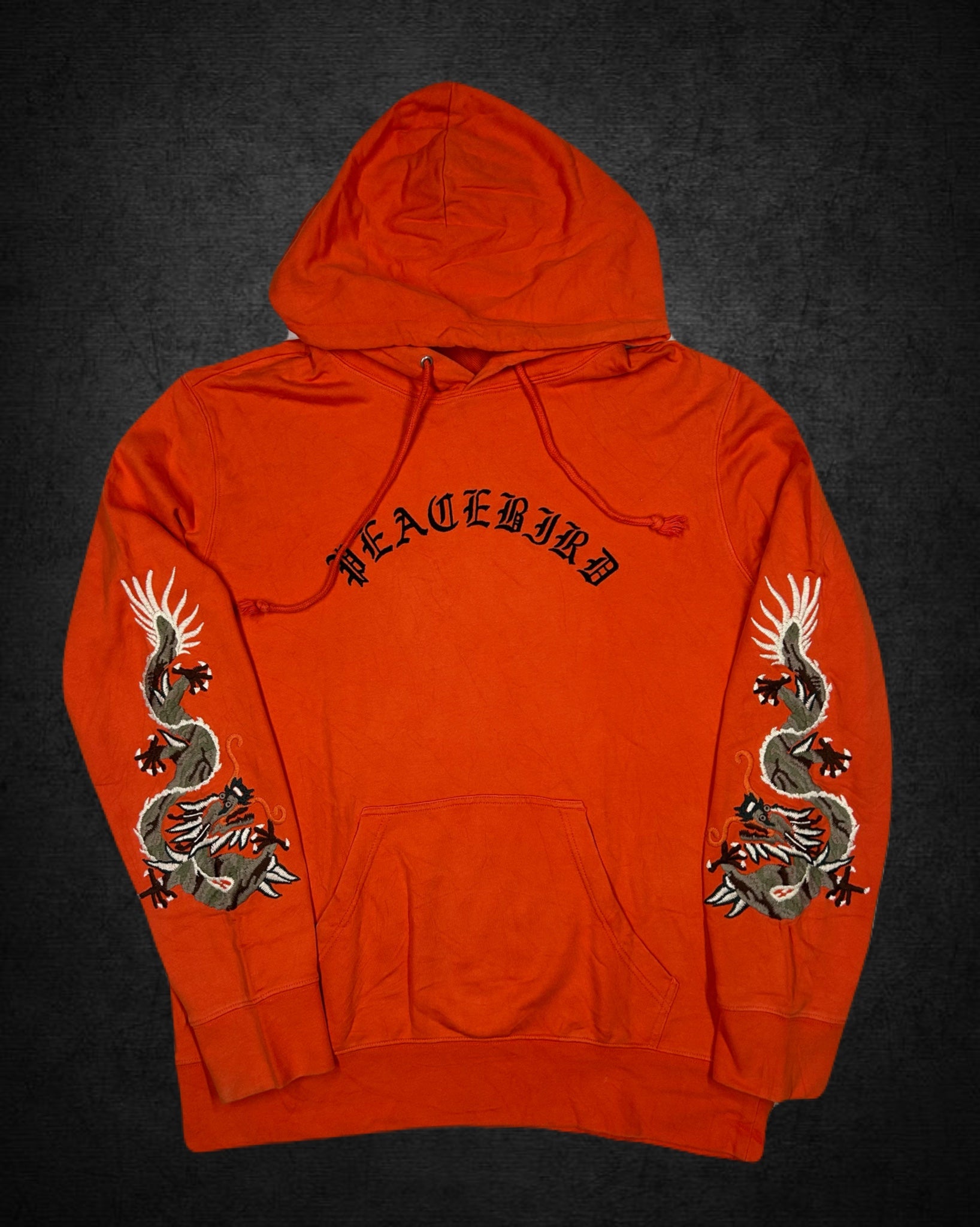 “Peacebird” Embroidered Dragon Hoodie – Vibrant Orange