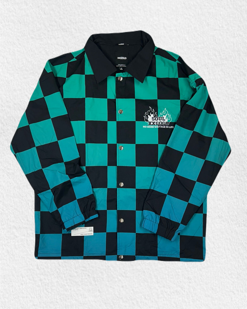 Green Blue & Black Checkerboard Snap-Button Jacket