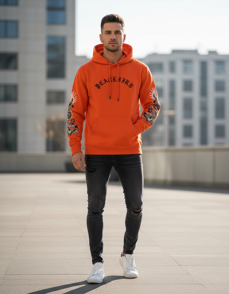 “Peacebird” Embroidered Dragon Hoodie – Vibrant Orange