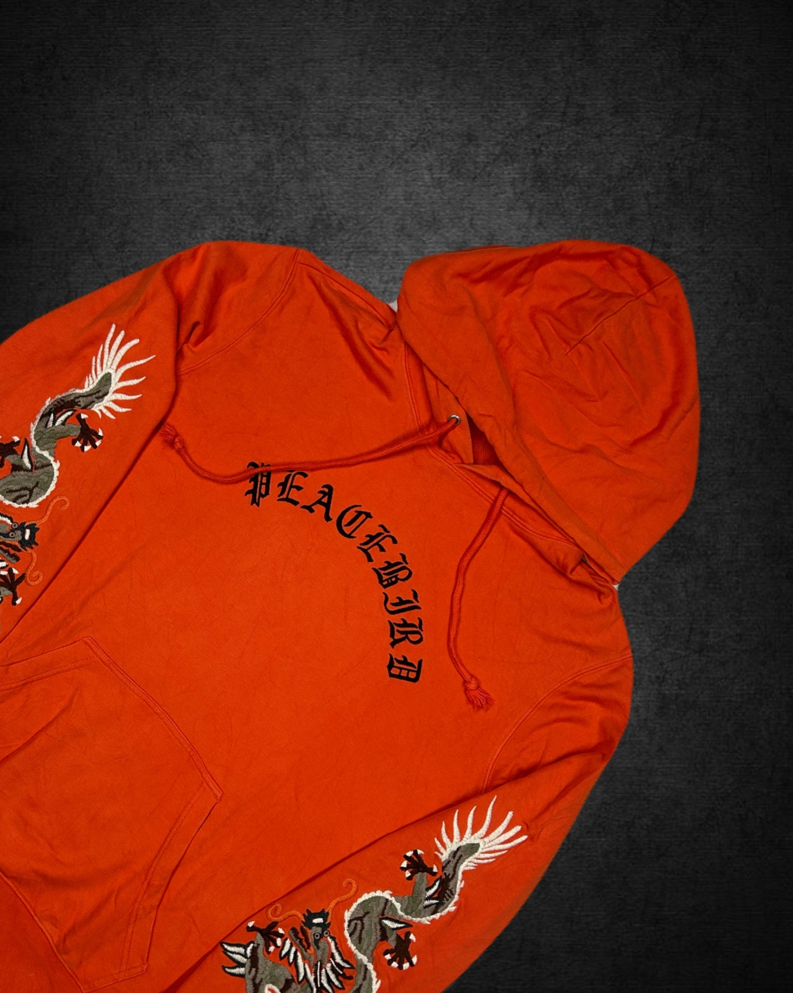 “Peacebird” Embroidered Dragon Hoodie – Vibrant Orange