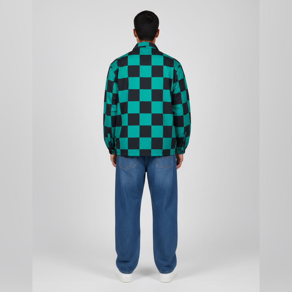 Green Blue & Black Checkerboard Snap-Button Jacket