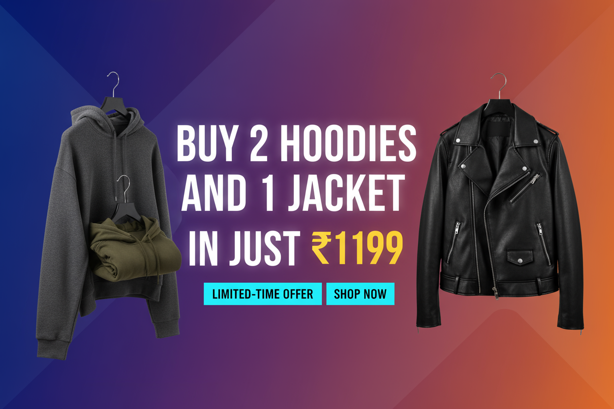 create a banner image for offer buy 2 hoodies and 1 jacket in just 1199rs size 1920x1080